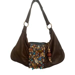 Kate Landry Brown Leather Beaded Boho Hobo Shoulder Bag Handbag